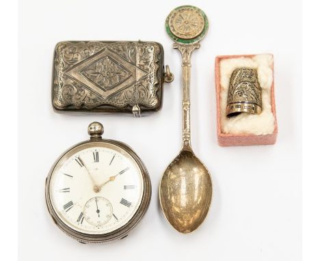 A collection of silver ware comprising a Victorian 1885 gents pocket watch, a late Victorian silver vesta case, Birmingham 19