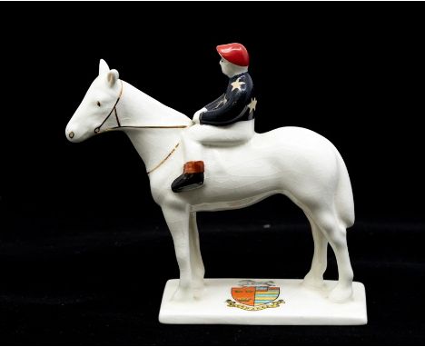 Carltonware, Hobbs Bros, Newmarket crested ware race horse and jockey. Black jersey with stars, red helmet. Newmarket crest. 