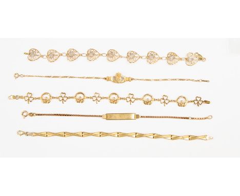 A collection of five 9ct gold bracelets, various designs, including a filigree style bracelet of heart shaped yellow and whit