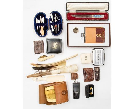 A group of vintage and recent vintage gentleman's accessories, including a leather lined hip flask (boxed), a leather cased b