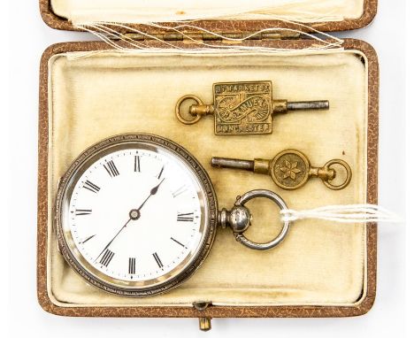 An Edwardian silver open faced pocket watch, white enamel dial, approx. 35mm, Roman numerals, foliate engraved case with init