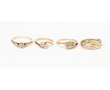 A collection of 9ct gold and diamond set dress rings, to include a two stone ring, diamond solitaire, Celtic style band set a