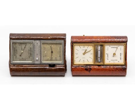 Two crocodile cased travel clock barometers, the first by Looping, the Swiss eight day alarm movement with accompanying anero