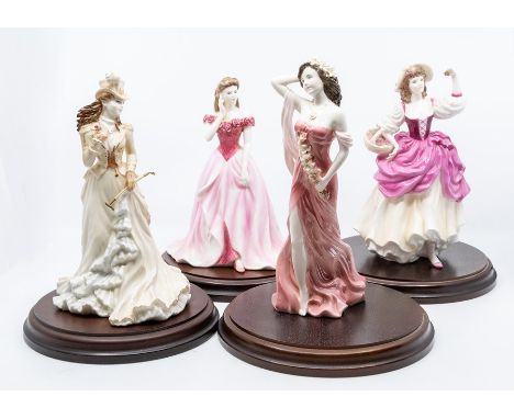 Four Coalport lady figures on stands, including Sarah, Helena, Ruby and Ripe Cherries, all no chips or cracks