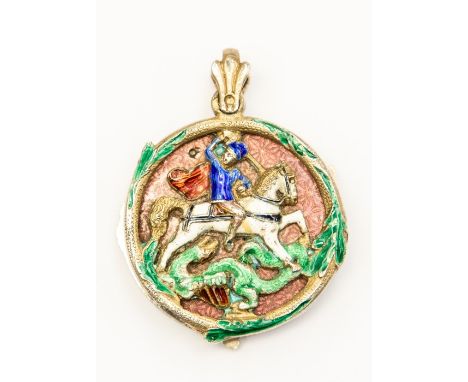 A renaissance revival round cloisonné enamel locket, the front with a enamel horseman, the reverse with foliate decoration, w