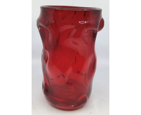 A Whitefriars ruby nobbly vase, 22cms high approx, pattern number 9610 together with a Whitefriars nobbly streaked vase, 22cm