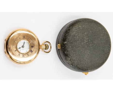 A J W Benson London 9ct gold cased half hunter pocket watch, white enamel dial with Roman numerals, subsidiary dial, diameter