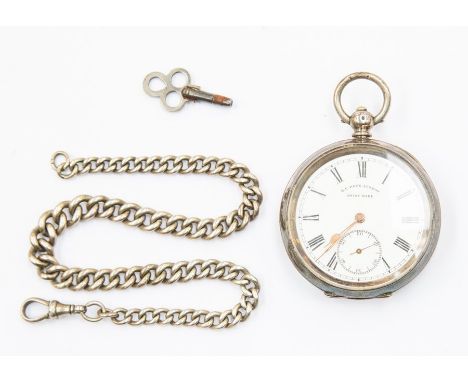 H E Peck London Swiss Made silver cased open faced pocket watch, white enamel dial, Roman numerals, dial diameter approx. 40m