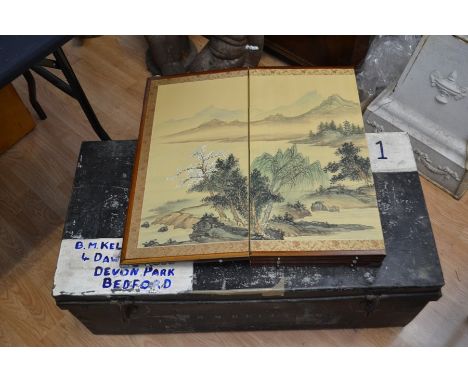 A Chinese painted folding screen along with a tin trunk (2)