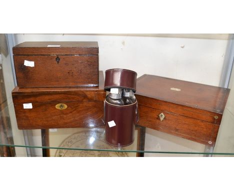 Two 19th Century mahogany writing boxes along with a 19th Century oak tea caddy, also a modern travel decanter set with spiri