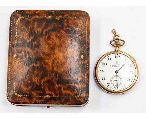 An Omega gold plated open faced pocket watch, white enamel dial, number markers, subsidiary dial, diameter approx. 40mm, case