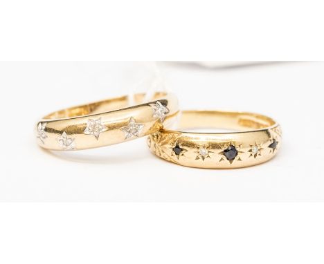 Two 9ct gold rings, one star set with sapphire and diamond details the other star set with  diamond, sizes N and P½, combined