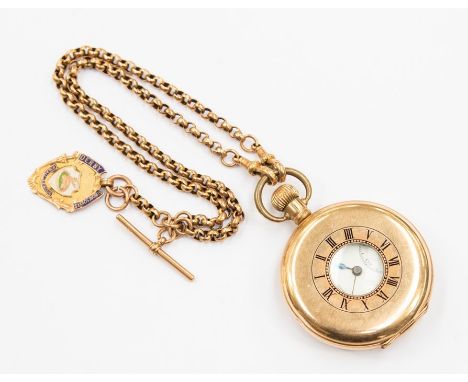 A gilt metal half hunter pocket watch by Kay & Co Ltd Worchester, white enamel dial, roman numerals with subsidiary dial, cas