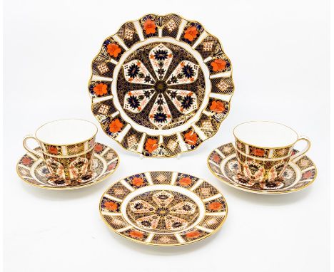 Royal Crown Derby fan plate, pattern 1128, side plate 1128 and two tea cups with saucers, first quality
