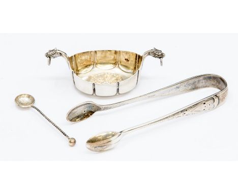 A Swedish 830 standard silver Viking boat salt with dragon mask ring handles and spoon, stamped 830 MH Imported mark and a pa