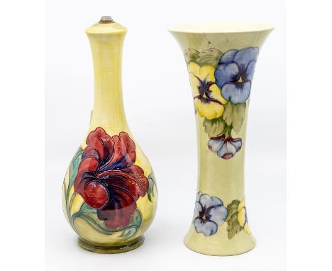 Moorcroft lamp, body only, along with a Moorcroft vase (AF) yellow ground, lots of crazing present&nbsp;