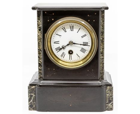 A French black and variegated marble mantel timepiece, circa 1890, of rectangular outline, the plinth case etched with stylis