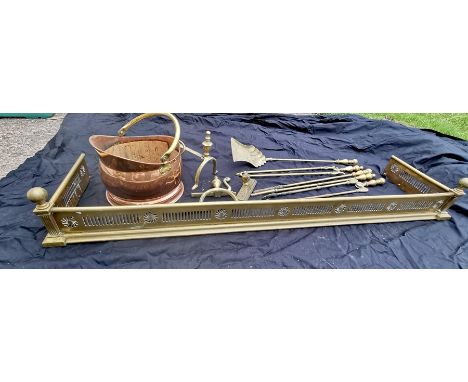 Brass fire fender, fire companion tools, andirons, copper coal bucket. Quantity