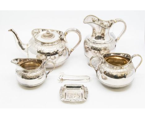 A Victorian style four piece Electro Plated tea service, beaded rims above acanthus leaf borders and gadroon sections, compri