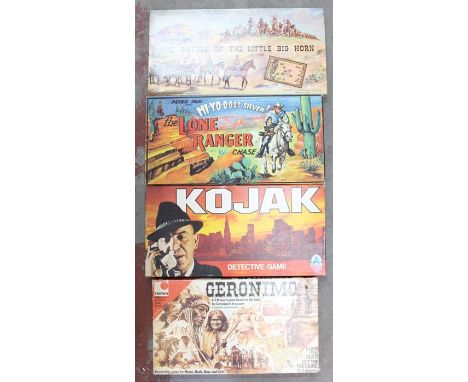 A set of four board games to comprise: Waddington's Battle of the Little Big Horn; Peter Pan The Lone Ranger Chase; Omnia Ger