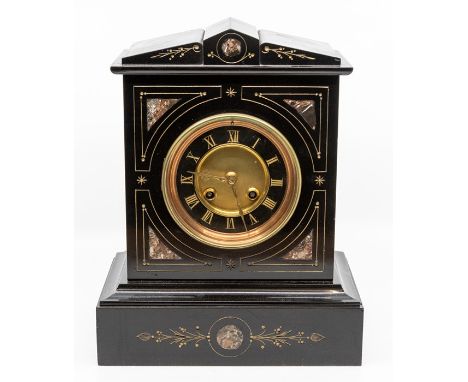 A French black marble mantel clock, circa 1900, of architectural form and etched with flower motifs and spandrels picked out 