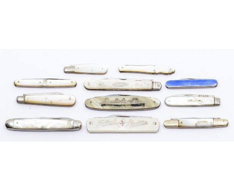 An assembled group of eleven Edwardian and later pocket knives, mostly mother-of-pearl cased, one guilloche enamel, including