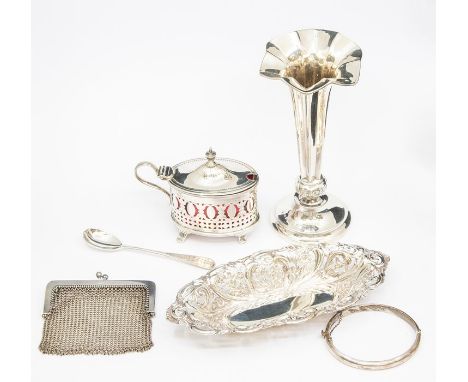 A group of silver to include: Victorian neo-classical style mustard pot and cover, red glass liner, by JB, London, 1885; Edwa