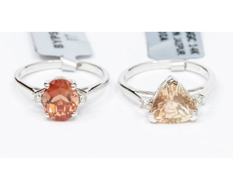 Two 14ct white gold rings to include a pale peach lehrite and diamond ring, trilliant cut stone with small brilliant cut diam