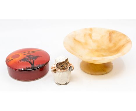 A collection of ceramics to include a Poole Pottery lidded dish, alabaster bowl and a Royal Doulton Miss Tiggy Winkle (Q)