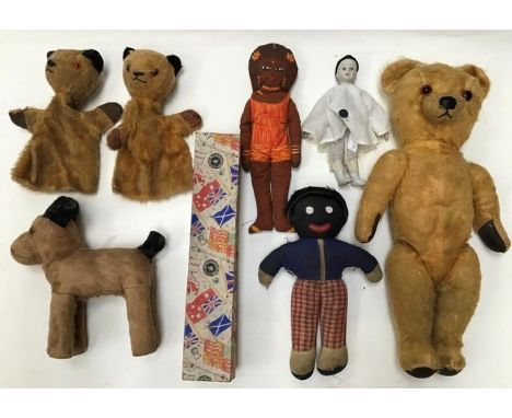 Two 1960s Sooty hand puppets made by Chad Valley, together with vintage Teddy, Dog, Golly, Pierrot and rag doll in leatherett