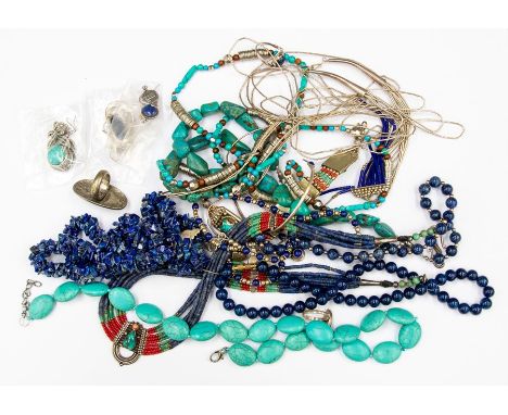 A collection of ethnic jewellery to include turquoise bead necklaces, lapis lazuli bead necklaces, earrings, pendants, some s