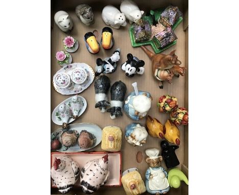 A collection of assorted ceramic table salts including Disney Rabbits, Cottages, Toucans, Chickens, Hens, Sheep, cruet sets, 