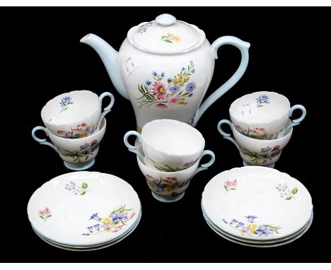 A circa 1950/60's six piece Shelley tea service, with teapot in the Wild Flowers patternCR; no creamer or sugar bowl