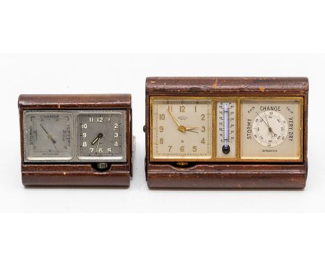 Two leather cased travel clock barometers, the first by Angelus, the Swiss eight day alarm movement with accompanying aneroid