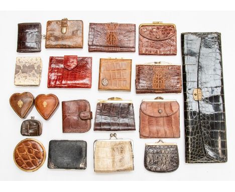 An assembled group of ladies vintage leather and crocodile accessories, including a pair of cream kid evening gloves in dark 