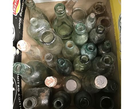 Three boxes of vintage glass bottles, various sizes, along with ceramic pots (Q)