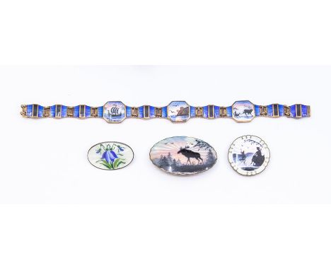 A collection of Norwegian enamel and silver jewellery to include a bracelet with enamel panels depicting a Viking boat, sea s