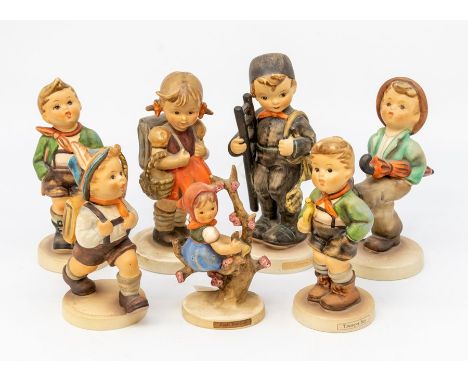 A collection of Goebel figures, comprising 'Village Boy', 'School Boy', 'Happy Traveller', 'Trumpet Boy', 'Chimney Sweep' and