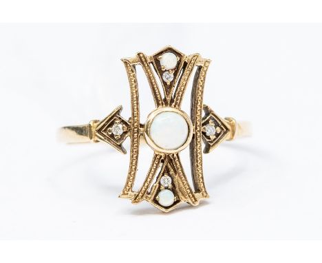 A 9ct gold opal and diamond dress ring, openwork design, set to the centre with a round opal, size Q, total gross weight appr