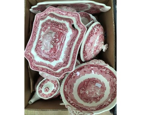A collection of Masons pink and white dinner service including tureens along with blue and white dinner and tea services by B