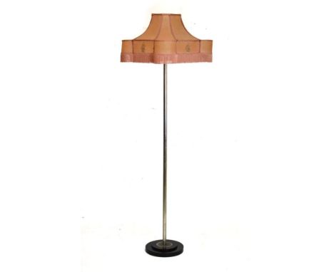 Mid Century Design - Tubular chrome standard lamp on stepped ebonised base with shade   Condition: 