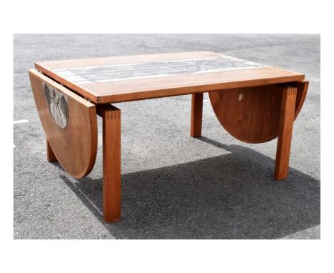 1970's Danish Trioh Ox Art teak and tile top inset dining room table, the rectangular top with D ends, 259cm x 110cm x 72.5cm