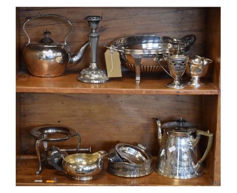 Group of plated wares to include; spirit kettle on stand, oval swivel breakfast dish, Neo-classical urn shaped salt with pier