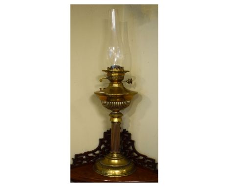 Late 19th/early 20th Century brass oil lamp standing on a reeded column and circular foot   Condition: 