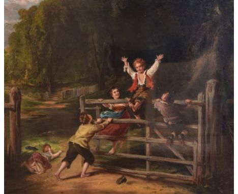 Pears advertising print depicting five children at a five-bar gate, 44cm x 56cm, in card mount, gilt slip and  carved frame u