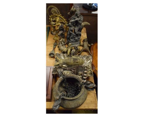 Selection of Eastern metalwork and ornaments to include; a figure of a warrior mounted on horseback, gilt metal model of Shiv