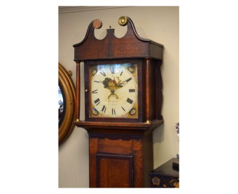 19th Century oak and mahogany longcase clock by William Burch of Glastonbury, the hood with swan neck pediment, square glazed