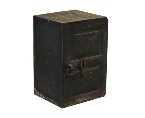 Coalbrookdale cast iron safe of panel design, the hinged door enclosing shaped shelf over two base drawers, with three origin