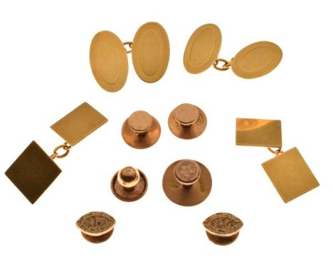 Pair of 18ct gold square cufflinks, a similar pair of oval cufflinks, combined weight 14.1g approx, together with a pair of e