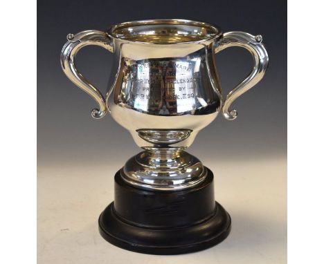 George V two handled silver trophy cup engraved 'Weston-S-Mare Boxing Featherweight Challenge Cup Presented By T.B.Wildridge,